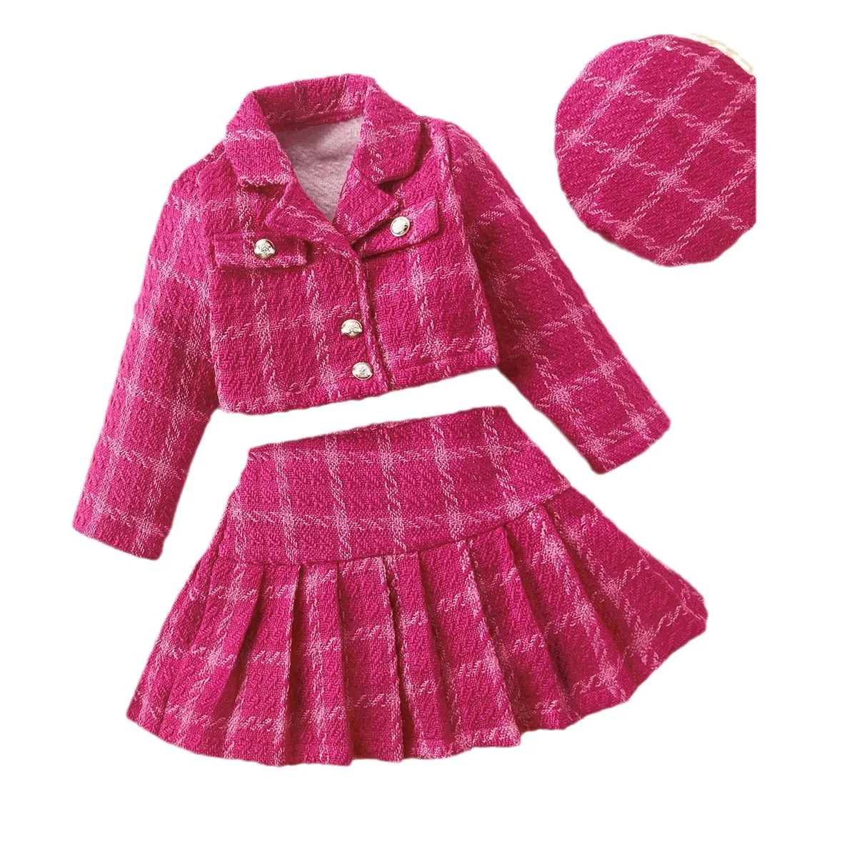 Fashion 4-7Y Kids 3pcs Suit Plaid Print Long Sleeve Single Breasted Jacket+Pleated Skirts+Beanies Hats Girls Clothes Sets