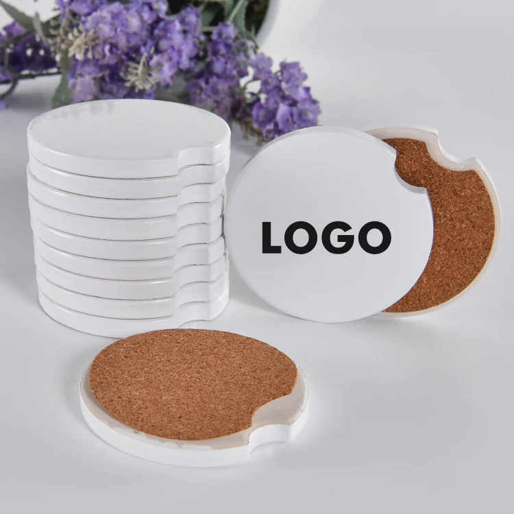 DIY custom wholesale cheap round white blank sublimation water absorbent drink coasters cork back ceramic car coasters