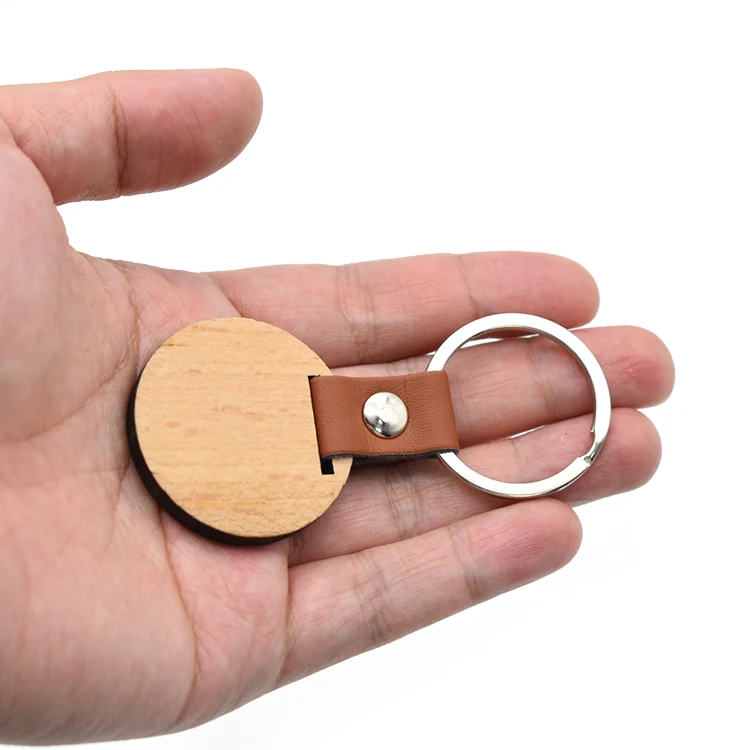 Custom Logo Blank Wooden Keychain Handmade Round Shape Keyring With Split Key Ring Leather