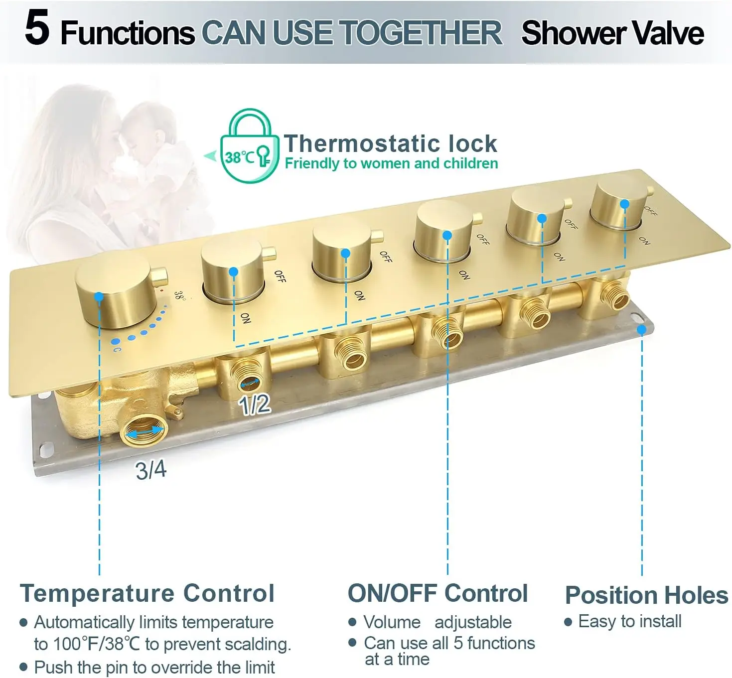 5 way Multi Function Shower Diverter Valve Brass Brushed Gold Thermostatic Mixer Shower Control Valve