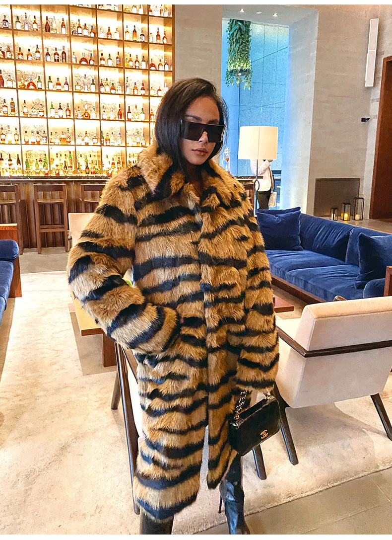 New Design Women Leopard Pattern Grey Stripe Faux Fur Coat
