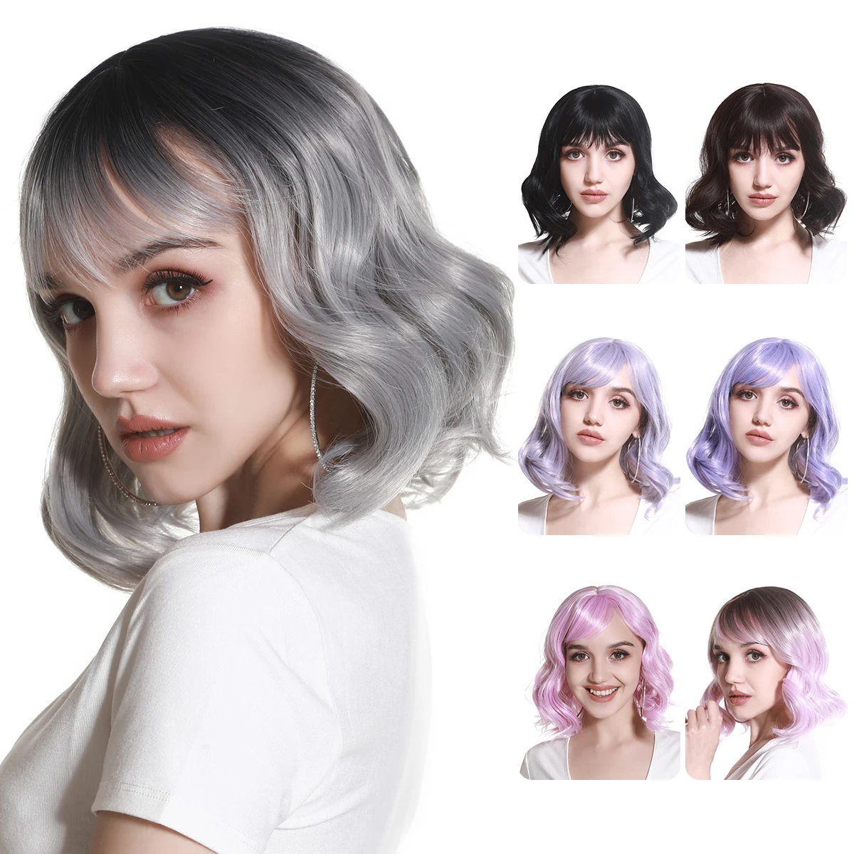 SARLA 14 Inch Fashion Synthetic Grey Short wavy Bob wig Scalp Bodywave Wig Products Cheap Wigs With Bangs For Women