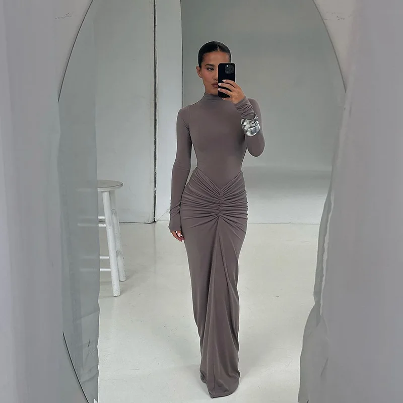 Fashionable Solid Color Long Sleeve Casual Slip Midi Classic Elegant Dresses Women