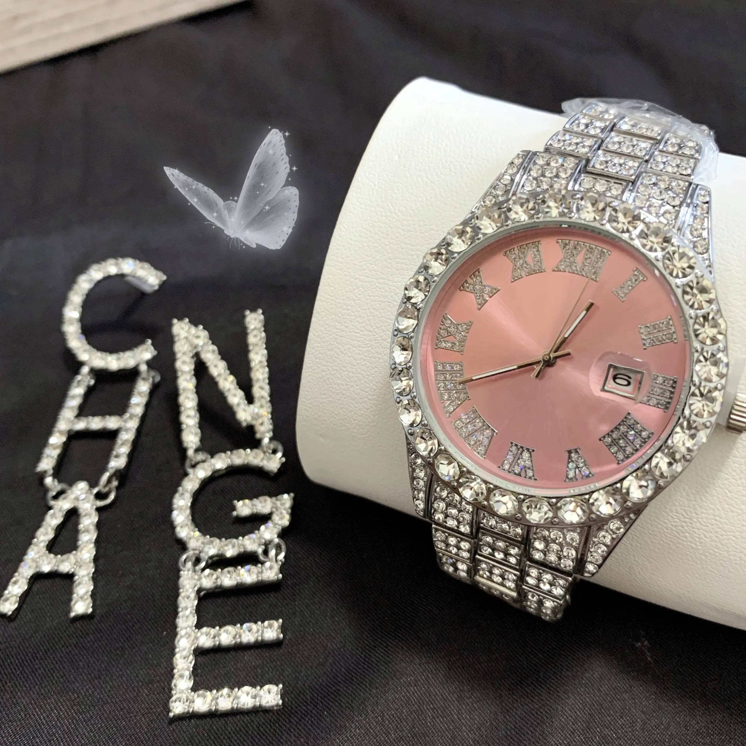 Hip Hop Design Wrist Watch Jewelry Set For Women Pink Dial Iced Out Luxury Ladies Diamond Quartz Watch Bling Letter Earrings Set