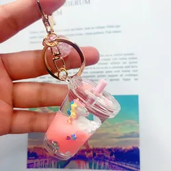 3D Cute Cartoon Unicorn Keychain Boba Milk Tea Floating Liquid Sequin Key Chain Car Charm Keyring Bag Pendant For Women Men Kids