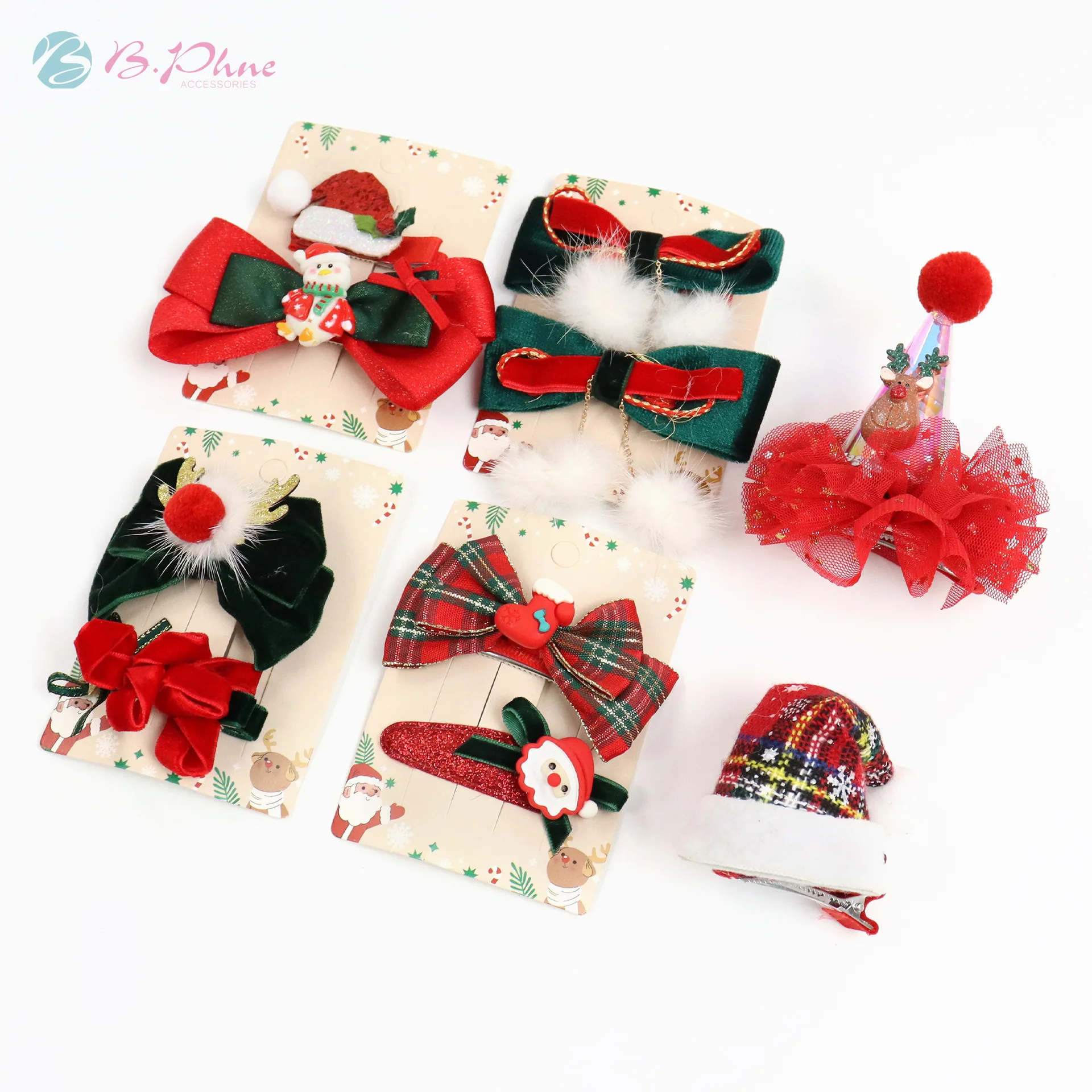 B.PHNE  Christmas  Doll Hair Accessories Bow Hat Deer Santa Claus Hair Clip for Girls Toddlers