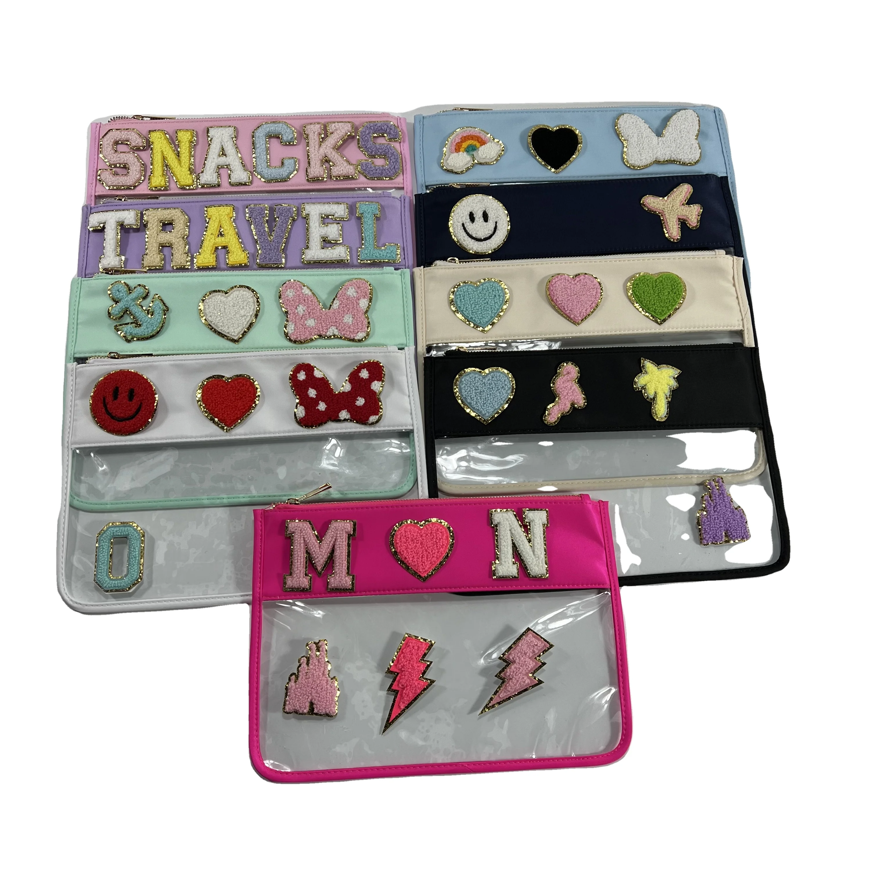 Low MOQ Stock Clear Chenille Patches Waterproof PVC Zipper Transparent Toiletry Wash Bag Pouch Makeup clear Cosmetic Bag