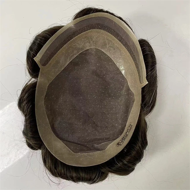 Indian Virgin Human Hair Replacement 32mm Wave Front Lace Unit 8x10 #1B/Grey Mono Lace with PU Toupee for Men