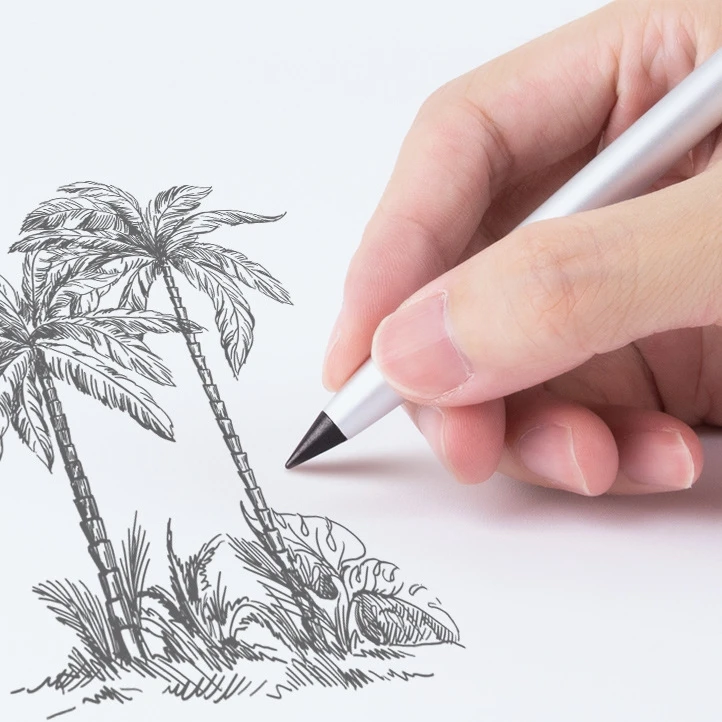 High Quality Metal Silvery Eternal Pencil Continuously Ink Fashionable Durable Diagonal Top Metal Pencil With Custom Logo