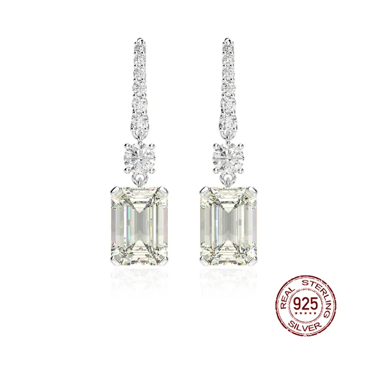 All-matching 8*11 High Carbon Rhinestone Earrings Rectangular Pagoda 6.5 Carat Long 925 Silver Ear Hook