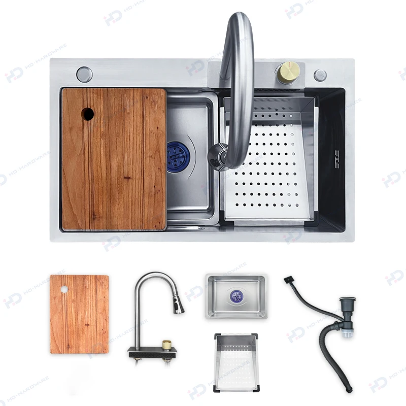 Handmade Waterfall Sink Kitchen 304 Stainless Steel Multifunctional double Sink bowl Smart Kitchen Sink