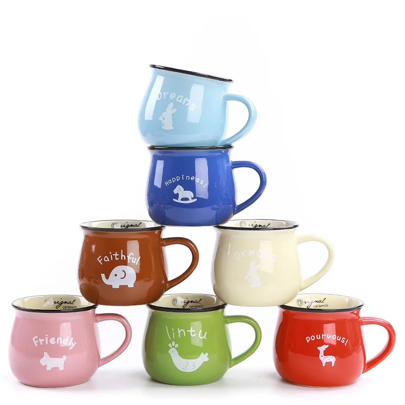 Wholesale 6oz 9oz 14oz Simple Big Belly Ceramic Mugs Custom Logo Printed Cartoon Breakfast Milk Cups For Promotional Gift