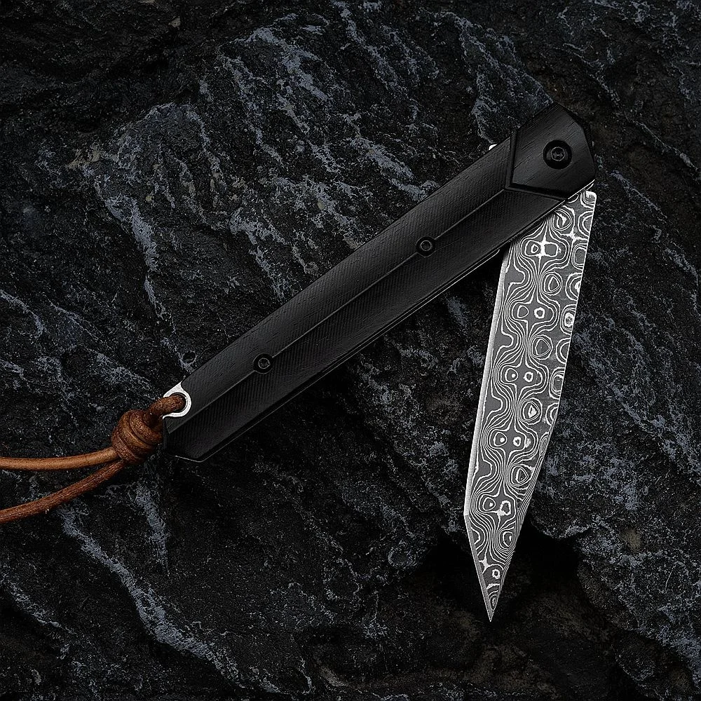 Ebony Wood Handle Compact Design Mini Edc Pocket Knives Lightweight Easy Carry Vg10 Damascus Steel Folding Utility Knife