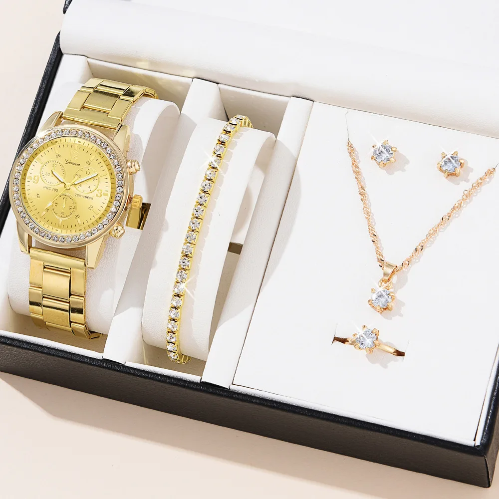 2023 Wholesale Fashion Jewelry Gift Set 14K Gold Ladies Watch  Diamond  Jewelry Set For Women