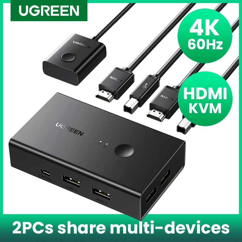 UGREEN HDTV-compatible KVM Switch 4K@60Hz USB 2.0 Switcher 2 in 1 Out for Printer Monitor Mouse 2 PCs Sharing 1 Device Splitter