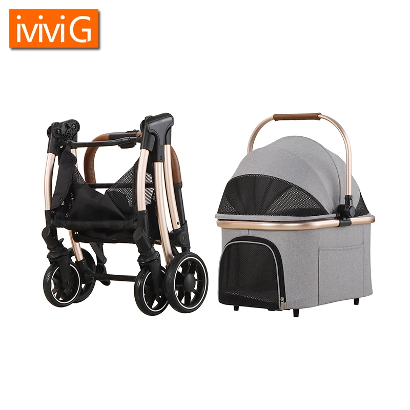 Factory Luxury Aviation Aluminum Frame Folding Pet Stroller With Shock Absorption System Outdoor Travel Dog Cat Trolley 268