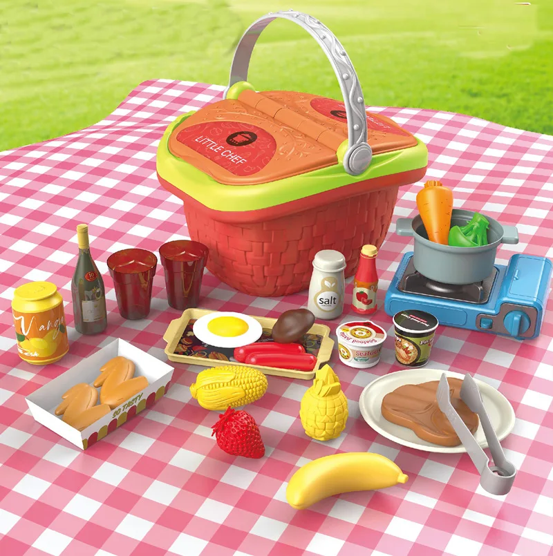 Zhiqu New Children Simulation Kitchen Tableware Food Dessert Barbecue Pizza Set Family Picnic Basket Toy