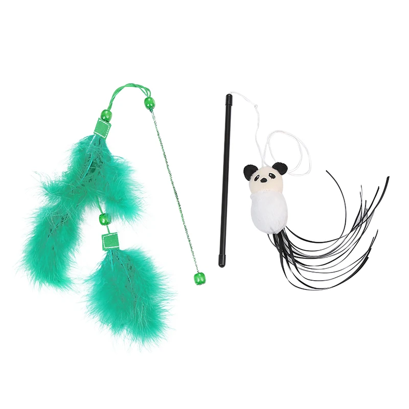panda and green feather shape cat teaser interactive toy wholesale pet supplies in stock