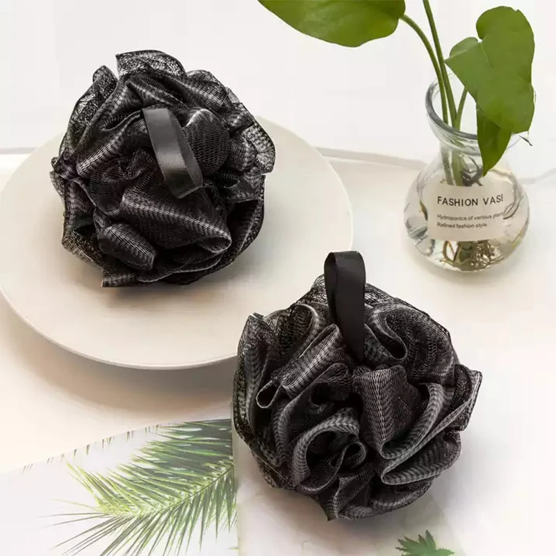 Individual Packaging Label Black Bamboo Charcoal Mesh Bath Shower Loofah Sponge Set Super Soft Body Scrubber Brush Flower Ball