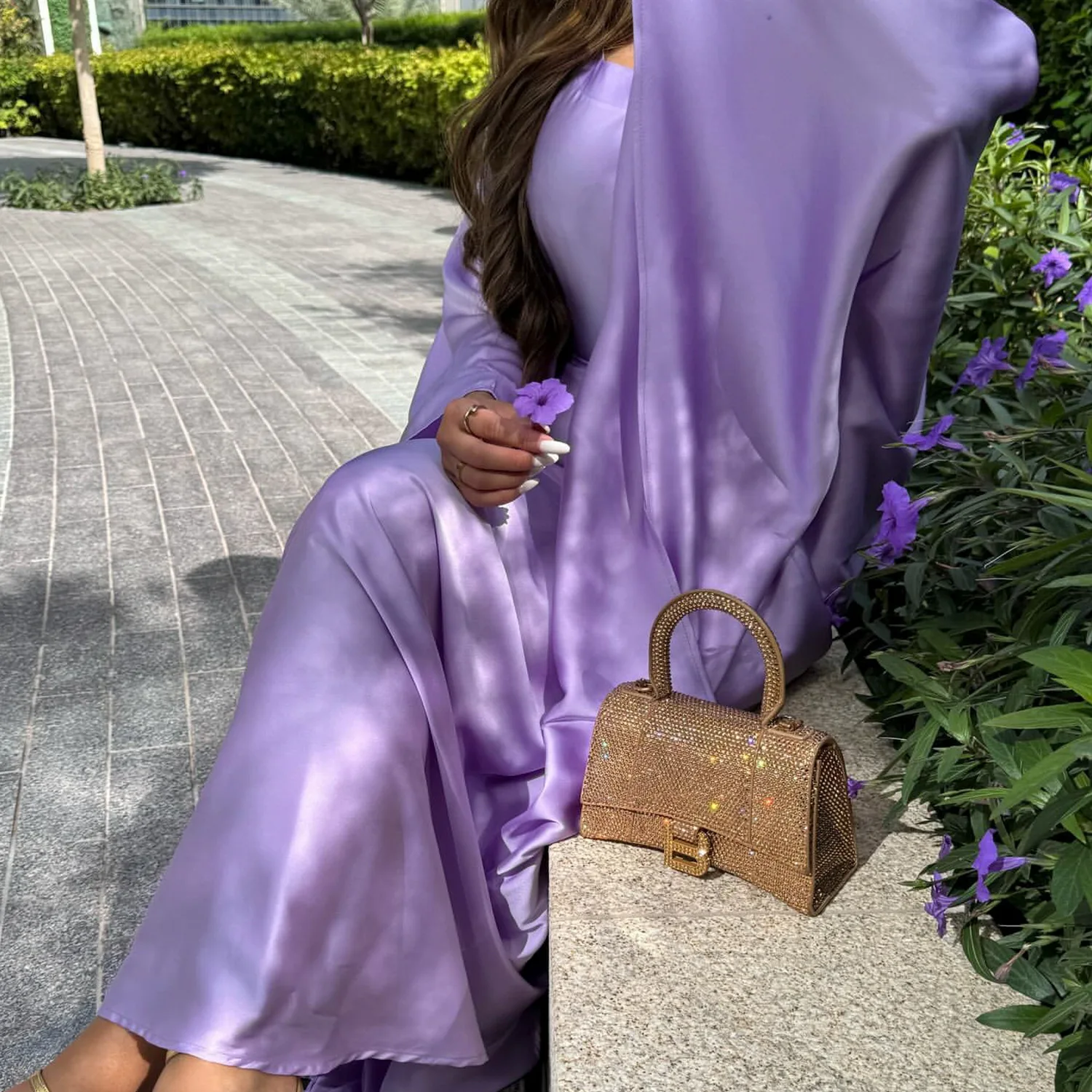 2024 Elegant Solid color Satin Kaftan Abaya EID Outfit Batwing Sleeves Islamic Clothing Abaya Women Muslim Dress