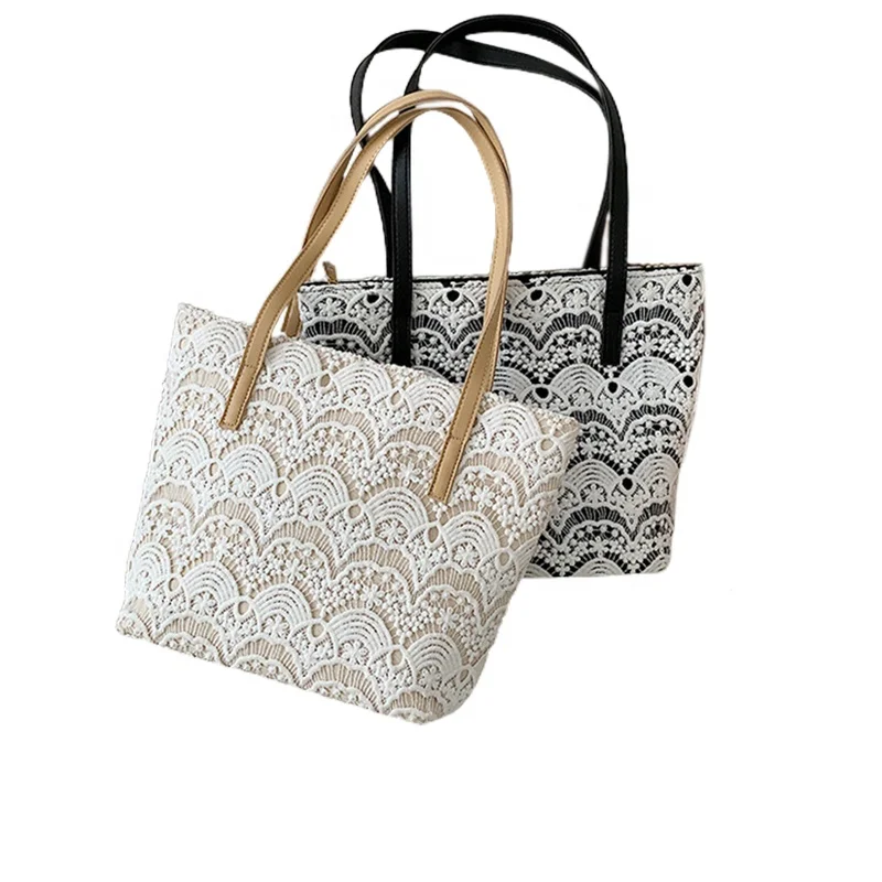 2022 OMOI Custom Plain Hand Made Canvas Lace Cotton Women Shoulder Bag Hand Bag Tote Bags With Custom Printed Logo For Women
