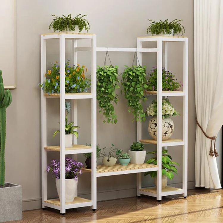 Simple Balcony Flower Stand Rack Wrought Iron Wood Multi-Layer Plant Rack