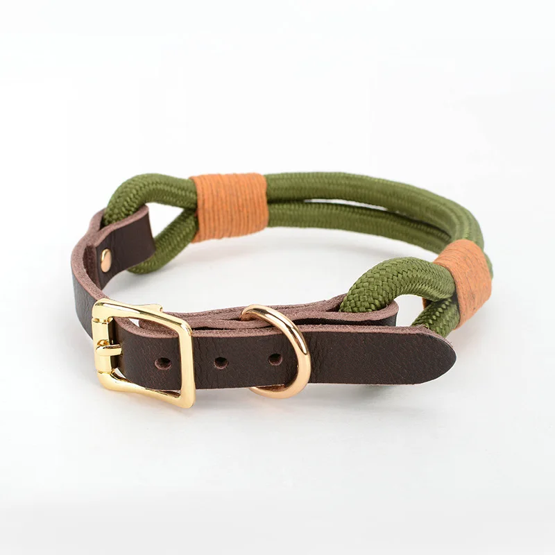 Leather Nylon Rope Dog Collar Leash Set Adjustable Pet Cat Collar Metal Buckle and Leather Control Handle