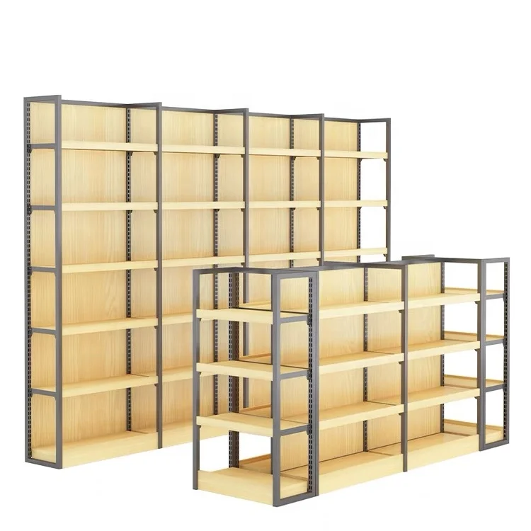 Custom gondola shelving double-sided supermarket shelves wooden display supermarket racks wooden shelving