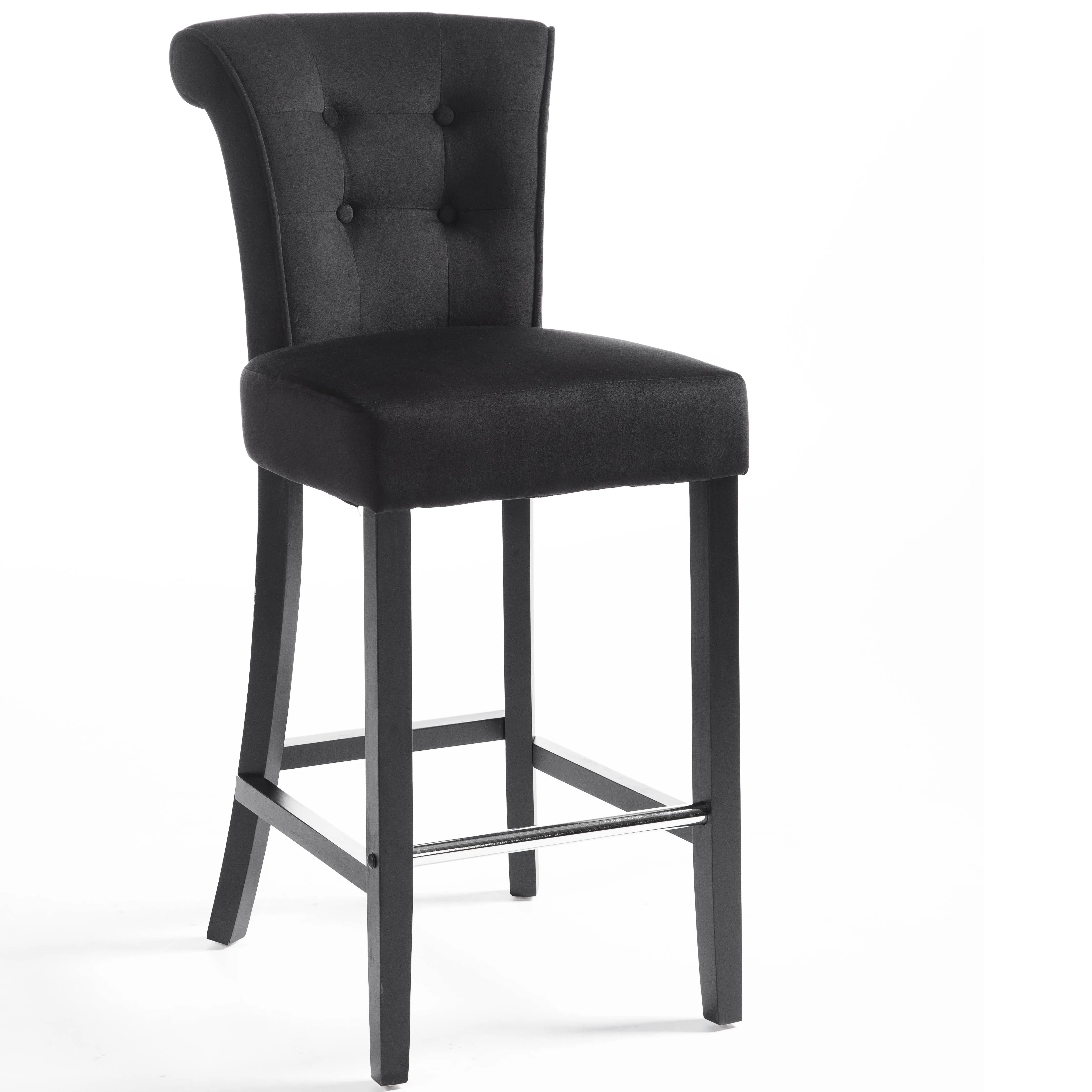 Stylish and Cozy Black Velvet Upholstered Solid Wood Cafe Barstool High Chair
