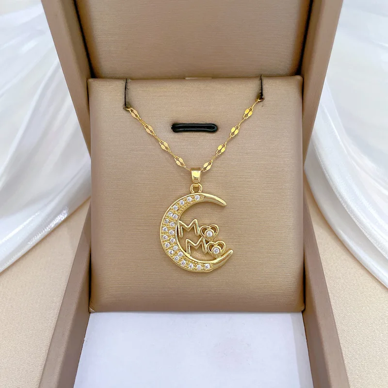 316L Stainless Steel Exquisite Moon Heart Ma Zircon Pendant Necklace for Women Clavicle Chain Romantic Jewelry Gifts(NL102)