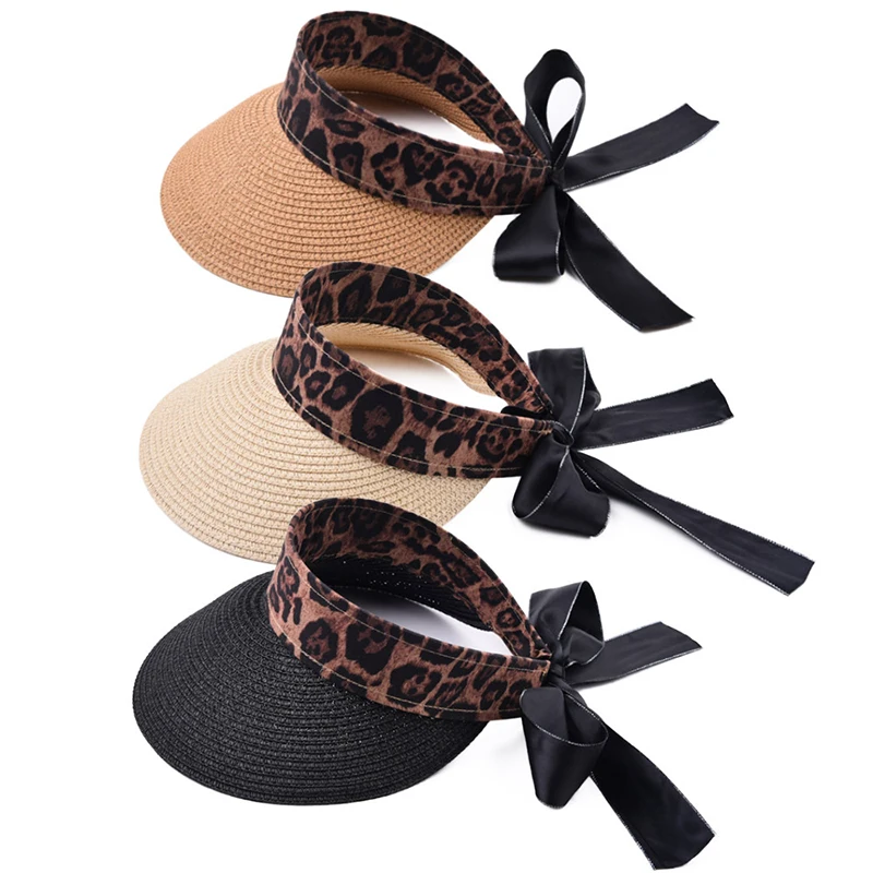 Wide Brim Bowknot Ribbon Sun Hat Summer Travel Uv Protection Leopard Cap Ponytail Beach Visor Straw Hats