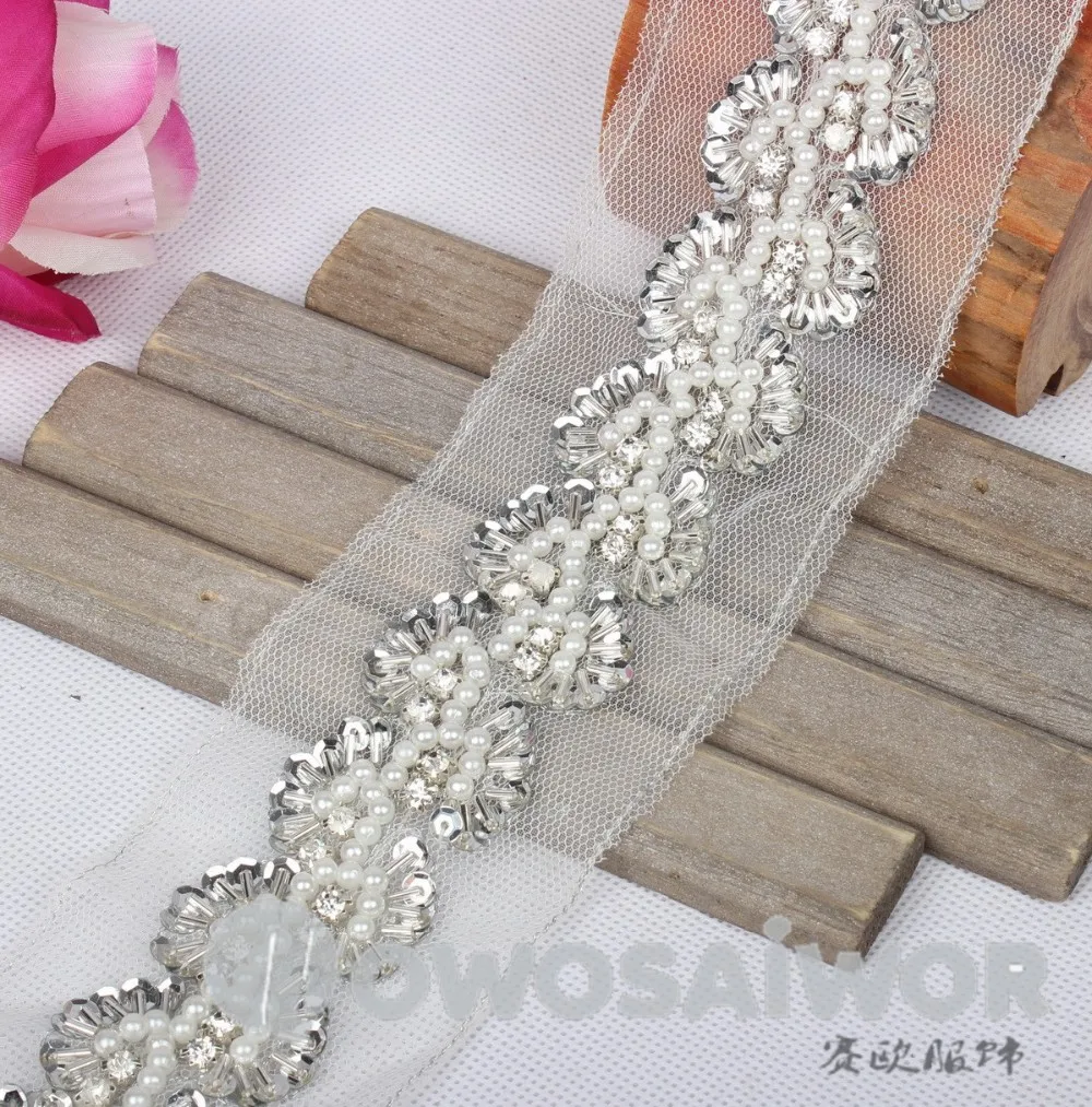 Imitation Pearl Rhinestones Lace Beaded Trim Lace Crystal Applique patch for Dress LO10026