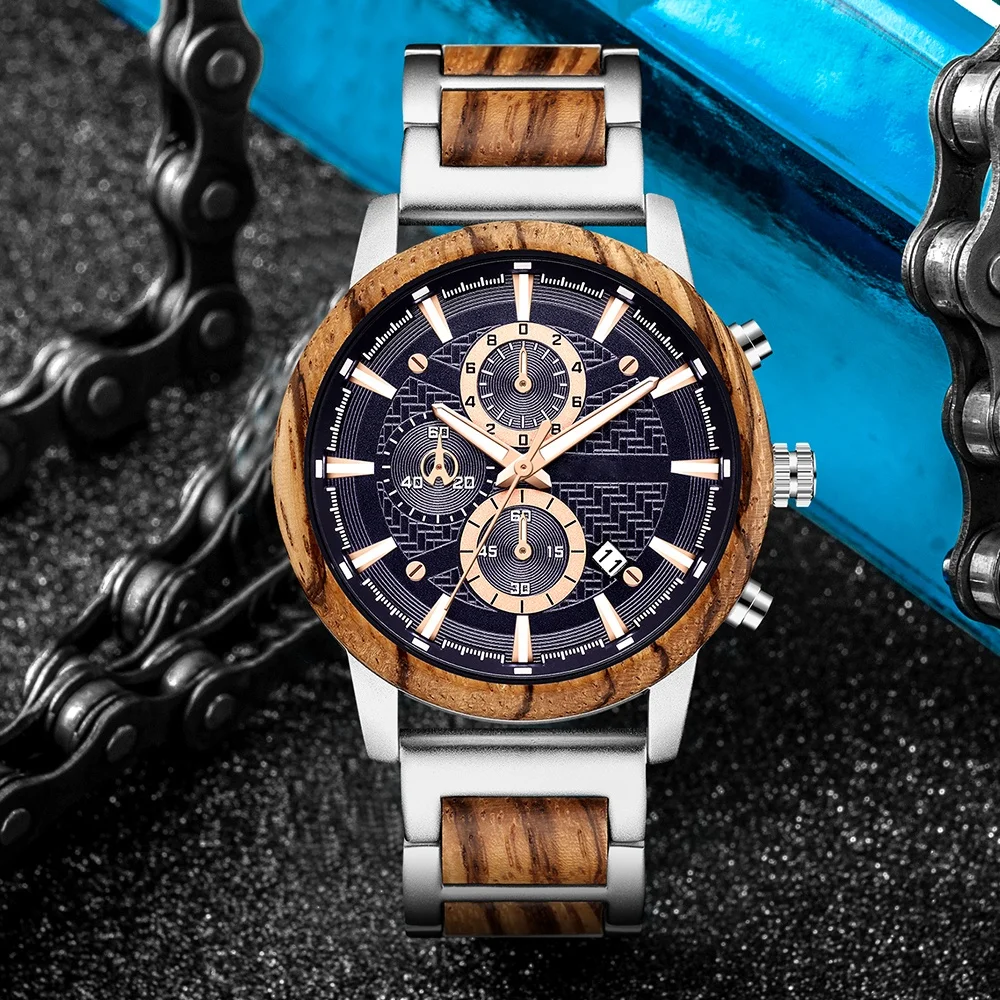 Dropshipping Popular Reloj Hombre Wristwatch Natural Zebra Walnut Rosewood Metal and Chronograph Wooden Quartz watch for Men