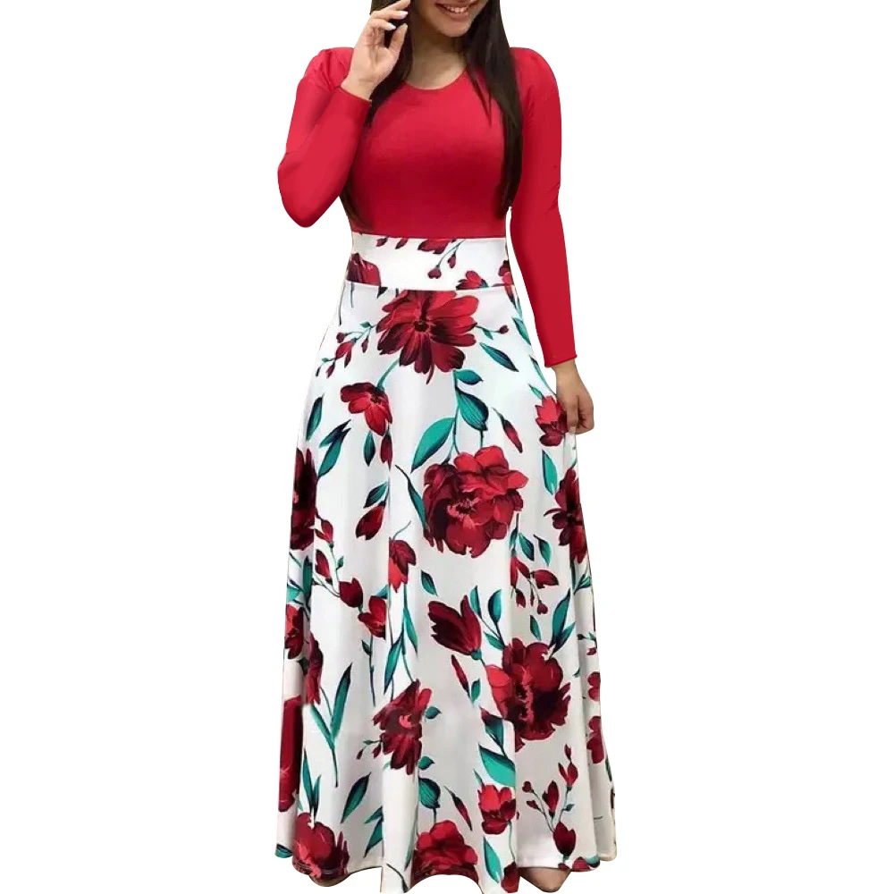 Womens Summer Autumn Vintage Floral Print Patchwork Long Sleeve Maxi Dresses Plus Size Casual Dress