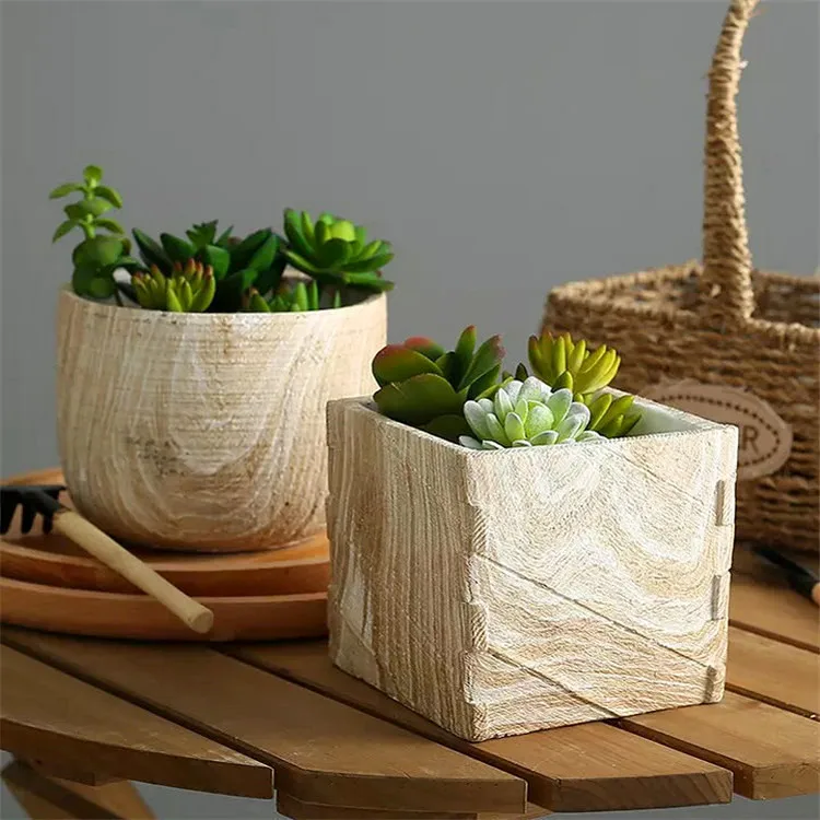 Unique lifelike wood grain european style matte concrete planters garden decoration cement flower pot molds