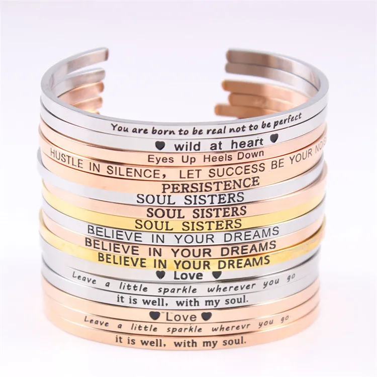 New Custom Engraved Stainless Steel C Shape Inspirational Phrase Bracelet Message Letter Name Bar Bangle Cuff Bracelets