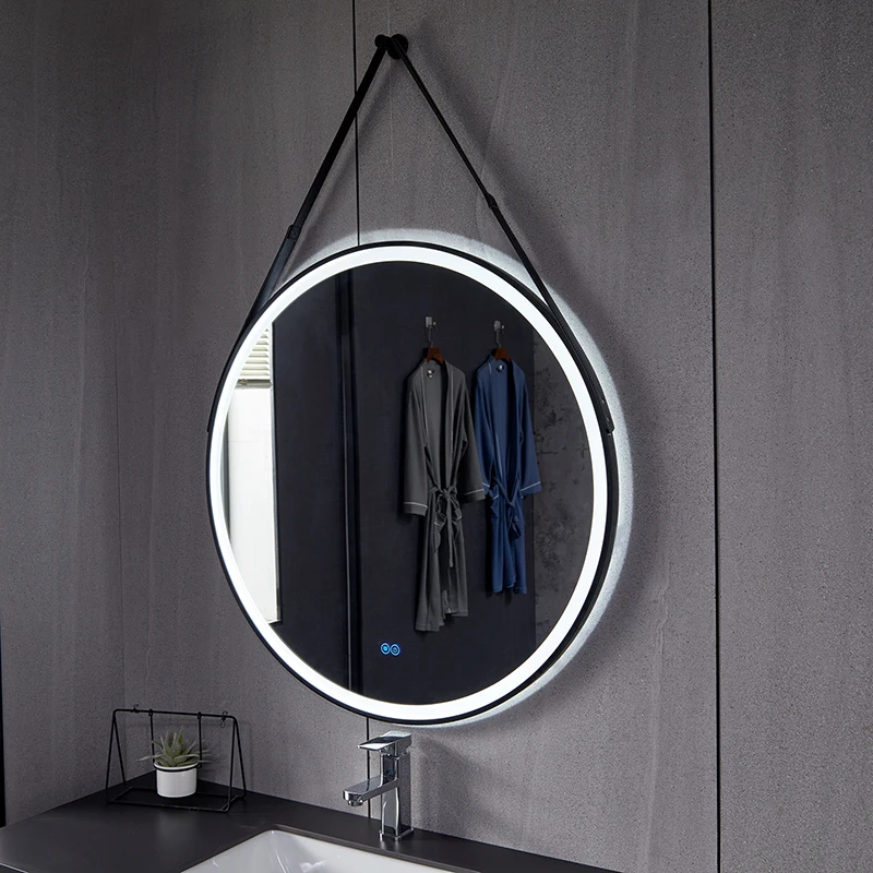 Custom Aluminum Frame Touch Screen Hanging Wall Round Makeup Led Bathroom Smart Mirrors with leather strap