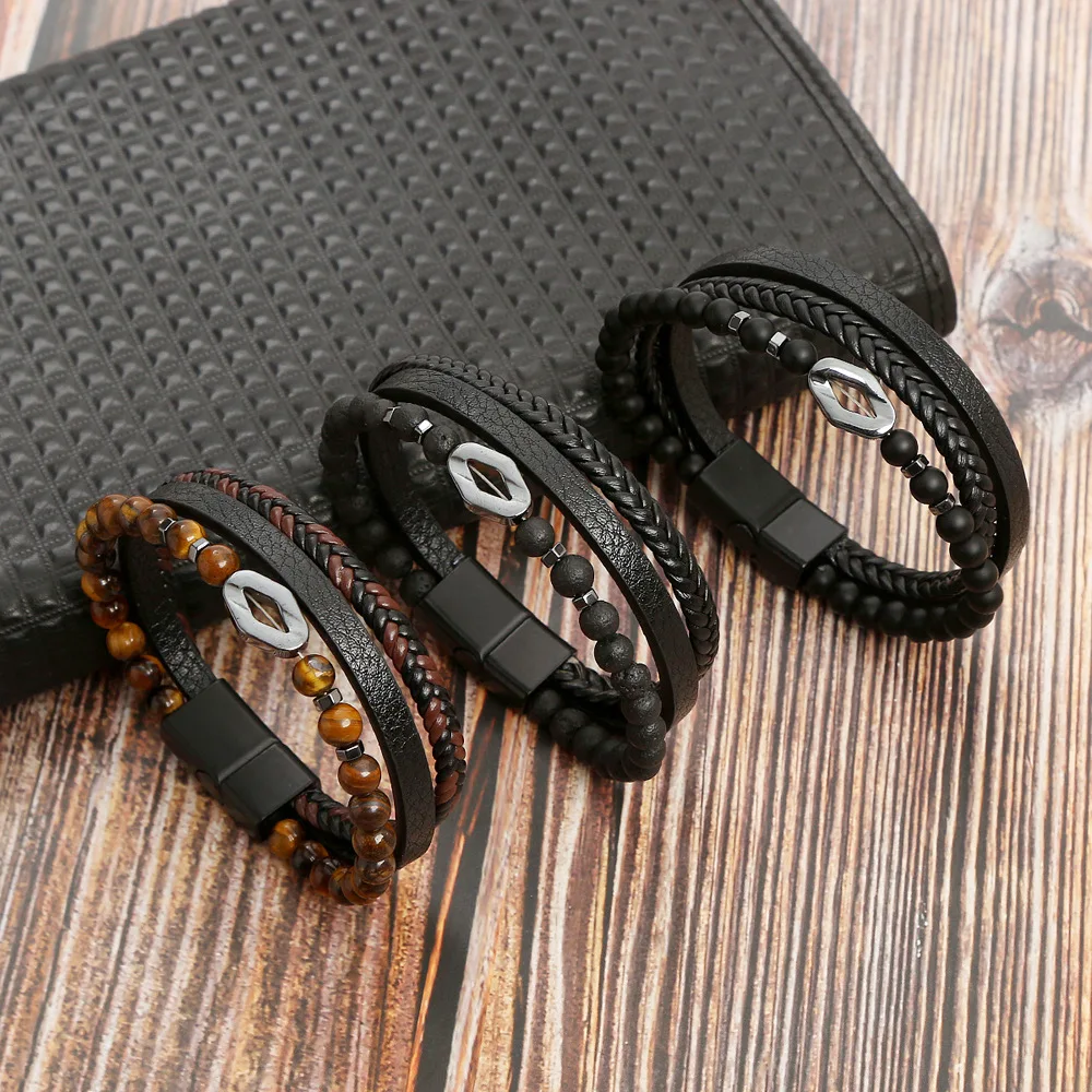 Hotsale Magnetic Clasp Natural Stone Bracelet Multilayer Handmade Woven Braided Leather Bracelet For Men Jewelry