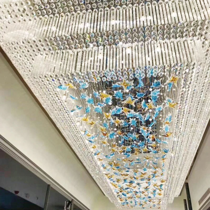 Lobby Ceiling Crystal Lighting Fixtures Chandeliers Luxury Contemporary Reception Room Banquet Hall Smooth Running Large Hotel