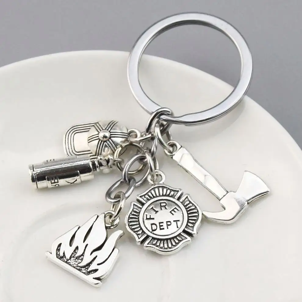 Fire Extinguisher Flame Keychain men key ring Fashion Other fighter Gift jewellery firefighter metal chain