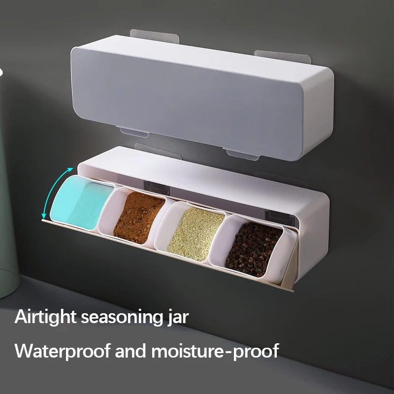 Wholesale Kitchen Product Plastic Wall Mounted Condiment Storage Jars Racks Set 4 Grids Seasoning Box Spice Container With Spoon