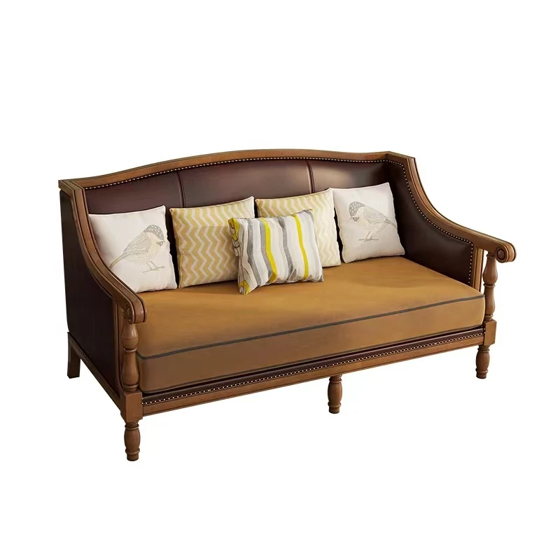 American country retro light luxury industrial style living room leather solid wood sofa combination