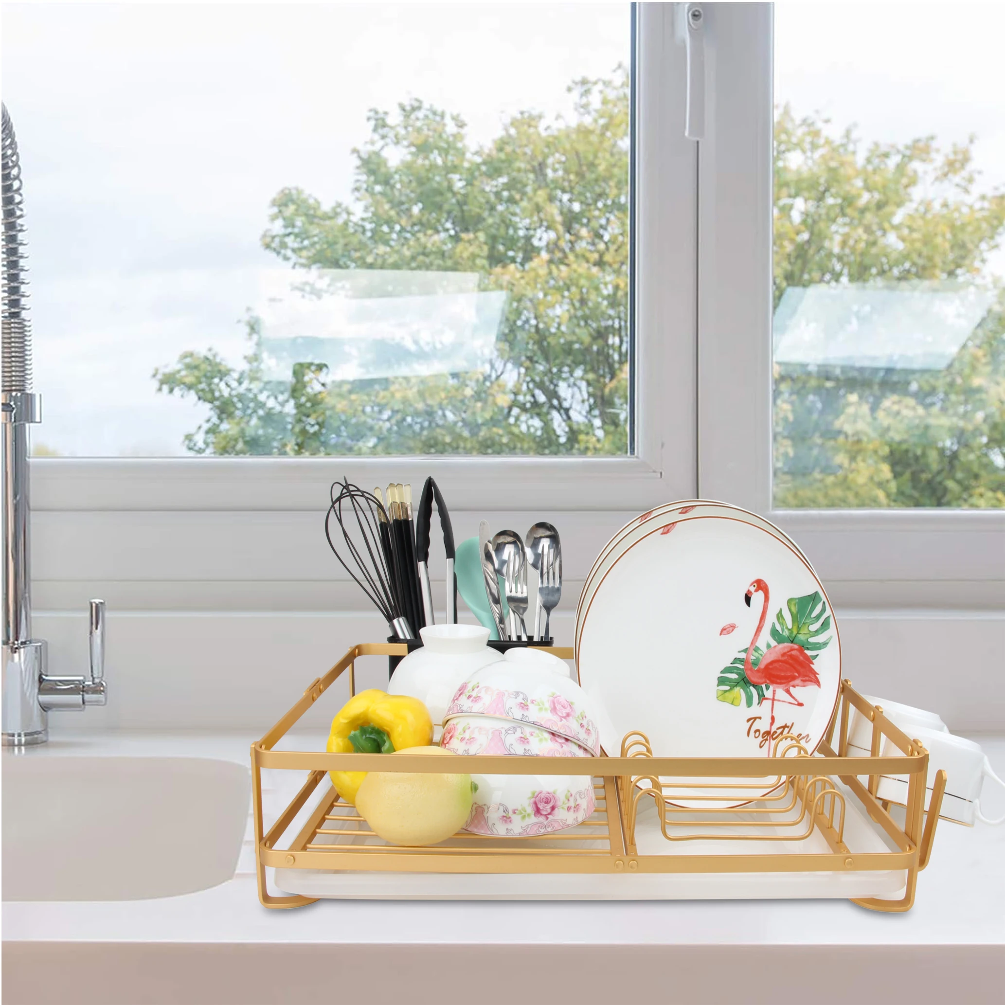 Kitchen counter Aluminum Rust Proof Dish Drying Drainer Rack with Drainboard