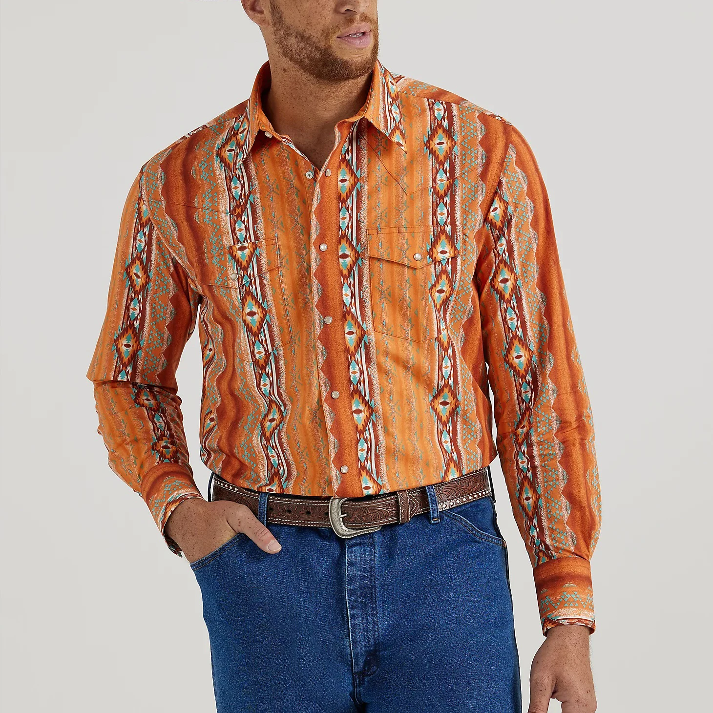 Man Striped Brown Snaps Pearl Snap Rock And Roll Pearl Performance  Fancy Brown Cowboy Urban Work Cowboy Shirt