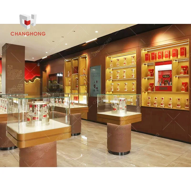 Factory outlet custom glass and wooden liquor store wine display furniture design