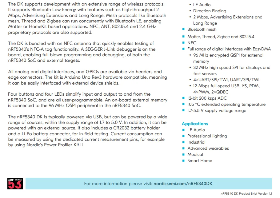 nRF5340-DK Development kit for the nRF5340 dual-core Bluetooth 5.3 SoC supporting Bluetooth Low Energy Bluetooth mesh NFC
