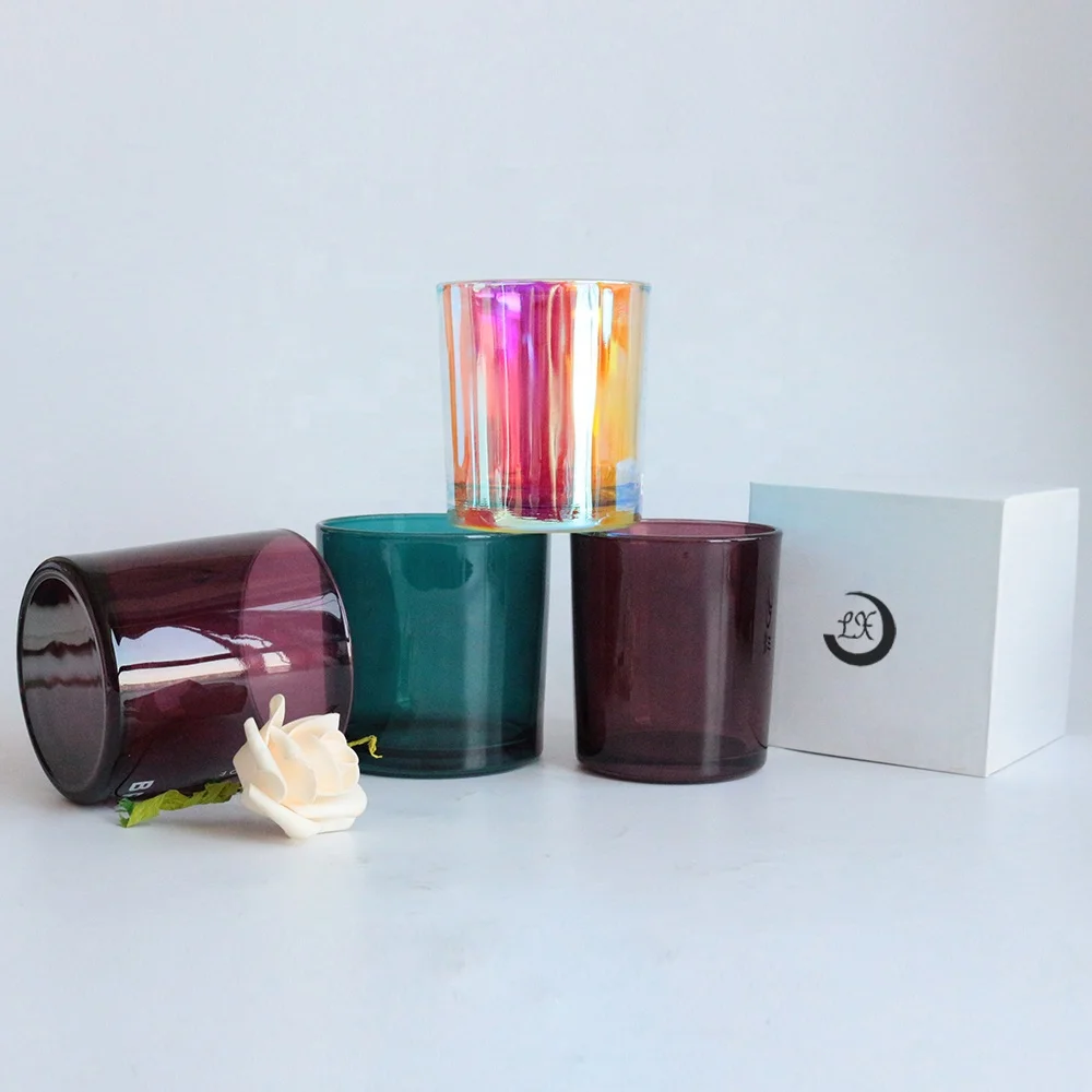 LANGXU translucent purple iridescent empty cylinder luxury crystal glass candle jar candle container with wooden lids and boxes