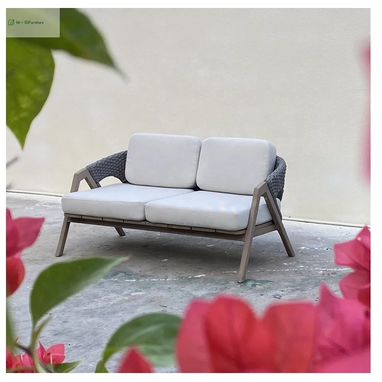 American Most Popular Cheap Furniture 2 Seater Rope Sofa Teak Solid Wood  Outdoor Sofa Villa Quick Drying Chaise Sofa