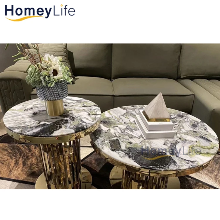 Modern Living Room White Round Marble Coffee Table Set Gold Metal Luxury Center Table For The Living Room