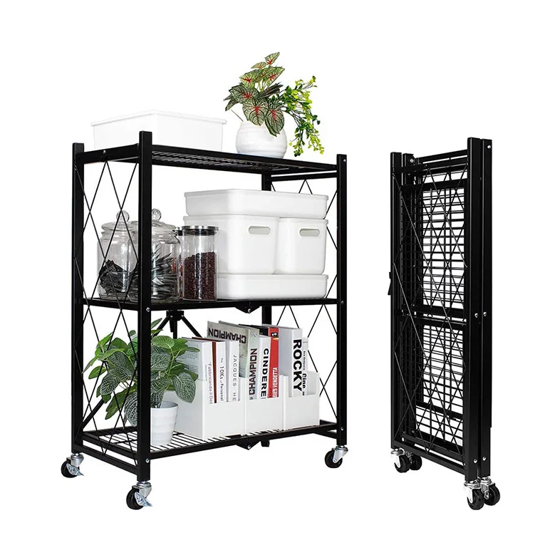China Manufacturer Outlet 4 Tier Carbon Steel Folding kitchen shelves Installation free Floor Standing movable Storage Rack
